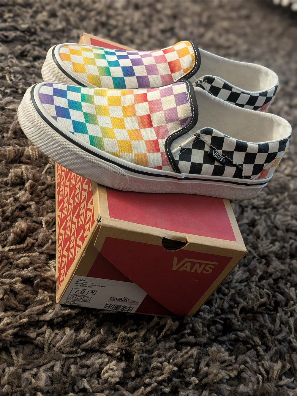 Vans Classic Slip-On Checkerboard Rainbow Sneakers - Black & Multicolor